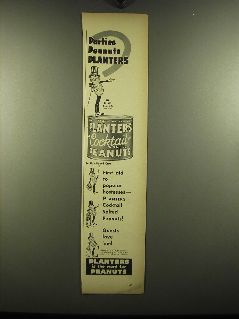 1949 Planters Cocktail Salted Peanuts Ad - Parties peanuts Planters - $18.49