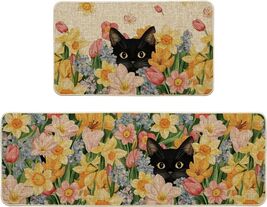 Non-Slip Black Cat Floral Kitchen Rugs - 17x29 &amp; 17x47 Inch Set, Stain R... - $61.33