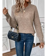 Crew Neck Pullover Sweater - Eyelet Embroidered, Soft &amp; Cozy for Fall/Beige - £38.10 GBP