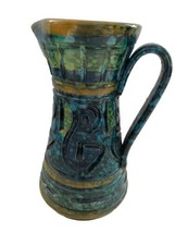 Rossini Italy Art Pottery Incised Jug Pitcher Vase Blue Green MCM Lava G... - $49.99