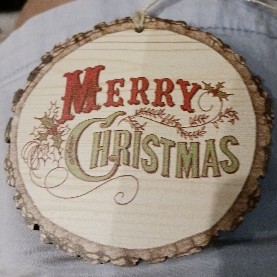 Merry Christmas Holly Vintage Design Rustic Bark  Wood Christmas Ornament - $4.46