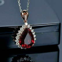 2Ct Pear Cut CZ Red Garnet Halo Pendant 14K Rose Gold Plated 18&#39;&#39; Free Chain - £94.26 GBP