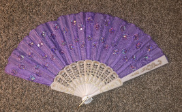 Purple Vintage Sequin and Satin Fan Ladies Hand Folding Fan - £29.73 GBP