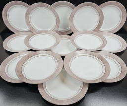 (15) Corelle Pewter Luncheon Plates Set Corning Gray Brown Bands Dots Di... - £122.00 GBP