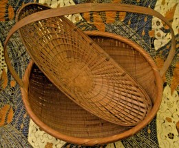 2 Vintage Bamboo Frame Orient Weave Woven Baskets: 1 Bowl Basket with Handle; 1  - £70.61 GBP