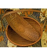 2 Vintage Bamboo Frame Orient Weave Woven Baskets: 1 Bowl Basket with Ha... - $87.59