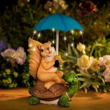 Solar Squirrel Siting on Turtle Statue for Patio Garden Statue Outdoor D... - $59.99