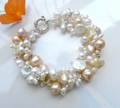 Wedding Pearl Bracelet, Natural Freshwater White and Pink pearl twisted bracelet - £63.49 GBP