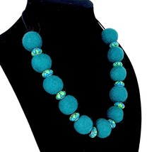 Turquoise felt ball statement necklace, wool ball necklace, felt beads, one of a - £38.27 GBP
