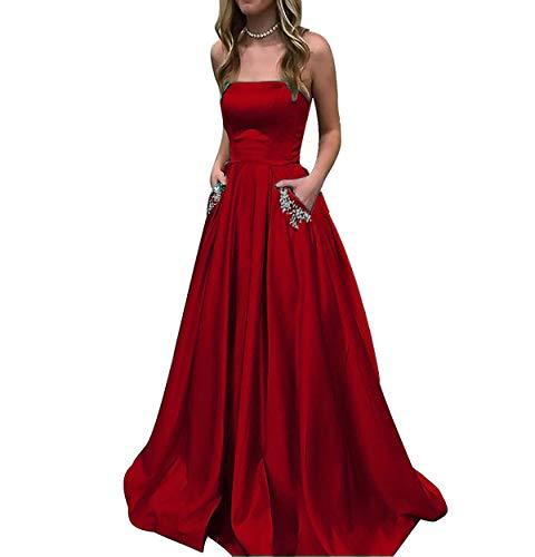 Kivary Beaded Pockets A Line Satin Corset Long Formal Prom Evening Dress Wine Re