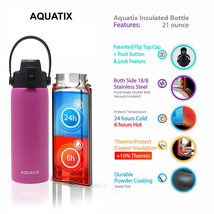 New Aquatix Pink Insulated FlipTop Sport Bottle 21 oz Pure Stainless Steel - £15.68 GBP