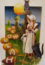 Halloween Postcard Owl Black Cat Farm Samuel Schmucker Fantasy John Winsch 1913 - £97.69 GBP