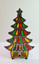 Cast Metal &amp; Stained Glass Christmas Tree Candle Holder Votive or Tea Light Vtg - £9.30 GBP