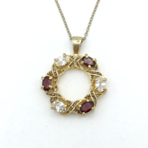 XO garnet &amp; CZ gold-tone pendant necklace - red gemstone open circle 20&quot; - £18.39 GBP