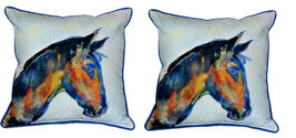 Pair of Betsy Drake Blue Horse Large Indoor Outdoor Pillows - £71.21 GBP