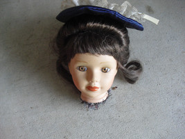 Vintage Porcelain Girl Doll Head and Neck with Black Hair and Hat 4&quot; Tall - £17.45 GBP