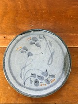 Artist Signed Shades of Blue Leaf &amp; Rusty Orange Berry Round Pottery Tile Trivet - £9.58 GBP