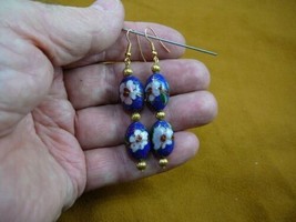 (EE603-190) 12 mm Navy Blue white flower 2 CLOISONNE bead dangle oval EARRINGS - £24.62 GBP