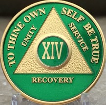 14 Year AA Medallion Green Gold Plated Alcoholics Anonymous Sobriety Chip Coin - £16.39 GBP