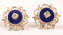 Vintage Blue Enamel and Rhinestone Earrings Gold Tone Screw Backs Excellent - $12.19