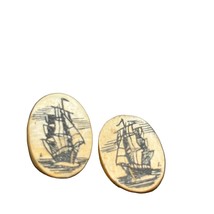 Vintage Scrimshaw Pirate Post Earrings Carved Sail Boat Nautical  5/8&quot; - £23.37 GBP