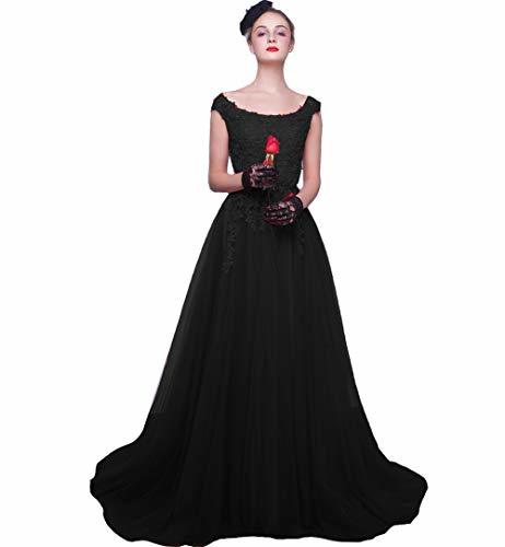 Scoop Neck Beaded Lace Applique Long Tulle A Line Prom Evening Dress Black US 16