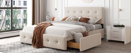 Queen Upholstered Platform Bed with Classic Headboard and 4 Drawers - Beige - £374.66 GBP
