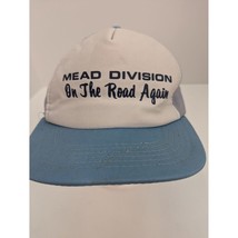 Vntg Mead Division Men Blue White Wide Brim 1/4 Mesh Adjustable Snapback Cap Hat - £9.53 GBP