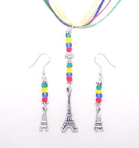 Necklace Earrings 3D Eiffel Tower Charms Red Green Yellow Blue Ribbon Cord Beads - £11.73 GBP