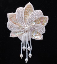 Sequins and Pearls Flower Pin on Leather Vintage Item - $12.19