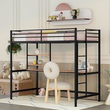 Twin Size Metal Loft Bed With Desk And Two Shelves For Kids,Toddler,Black - £428.01 GBP