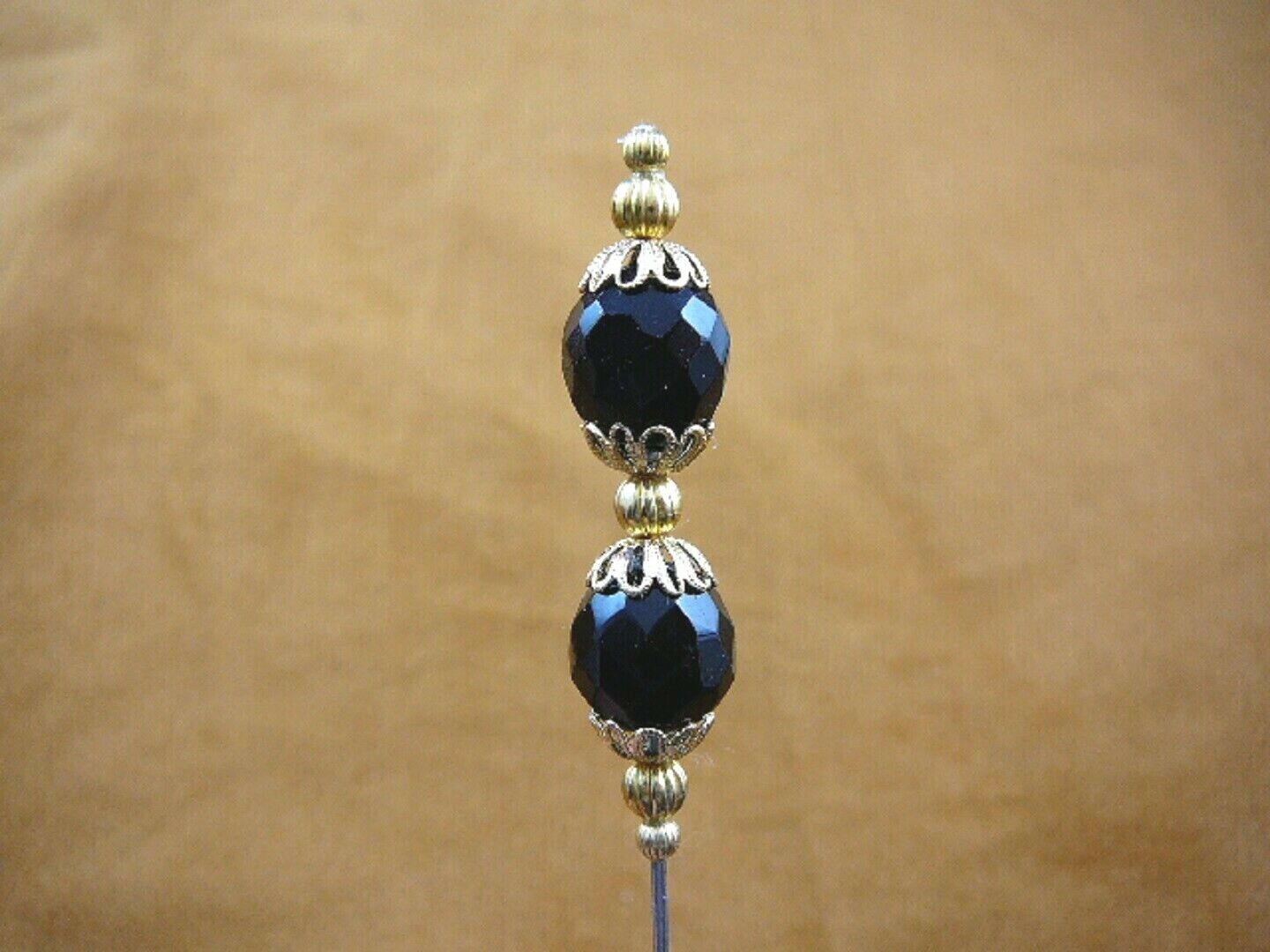 U-255-6 faceted Black onyx 2 bead gold brass hatpin Pin hat pins JEWELRY... - $10.39