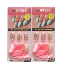 2x Impress Press Gel Manicure 30 Press On Nails Short Pink Gold Chevron LOT - $16.74