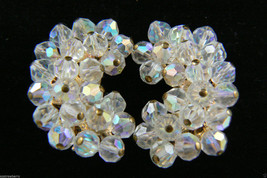 Vintage Gold Tone Aurora Borealis Beads Crystal Cluster clip on Earrings - $55.40