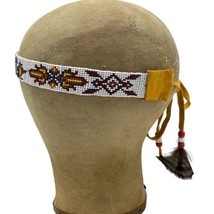 VTG Native American Indian Beaded HEADBAND Medicine Wheel w/feather White - $39.95