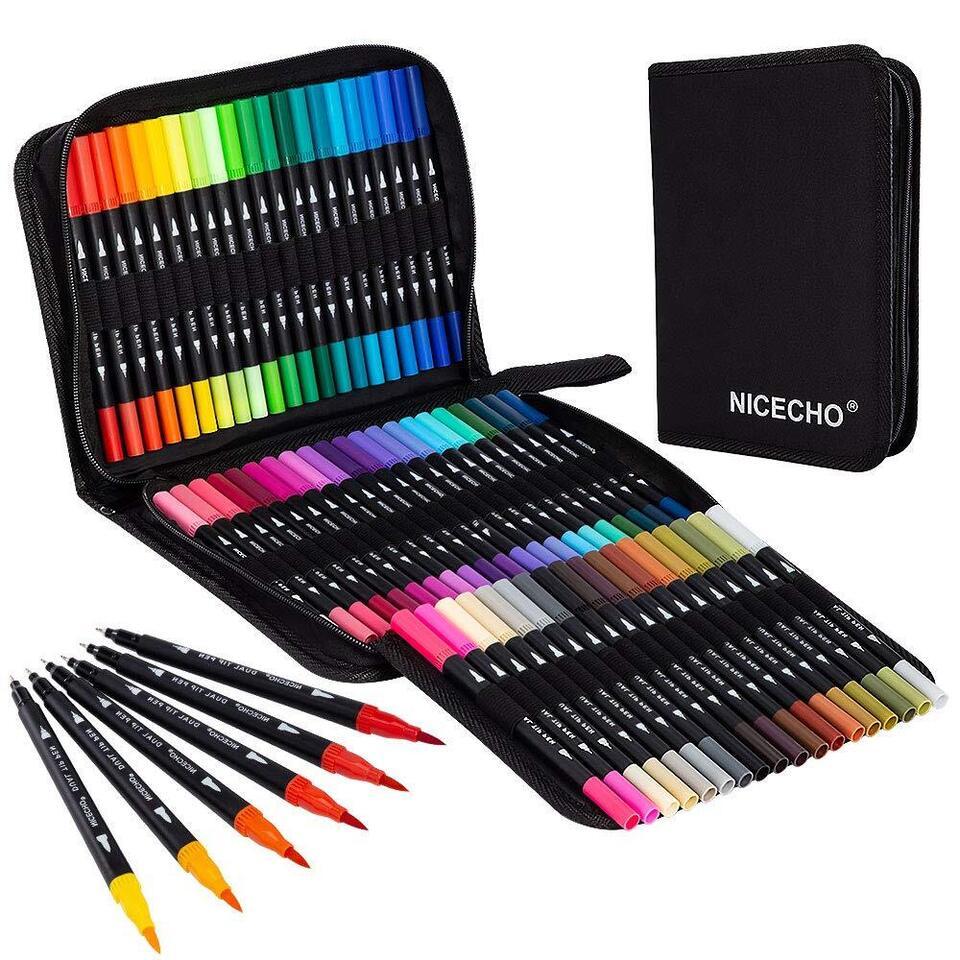 Vibrant Dual Brush Art Markers - 60 Artist Colored Marker Set for Coloring, Bull