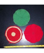 3 Vintage Handmade Crochet Trivets or Hotpads – Red and Green 6 inch diameter - $10.99