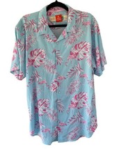 Free Planet Men’s XL Shirt Pink Flamingos Button Up Short Sleeve Blue Beach - $24.74