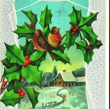 A Merry Christmas Sparrows Holly Branch Cabin Scene Embossed Silver UNP Postcard - £6.26 GBP