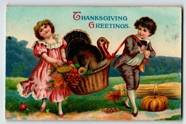 Thanksgiving Day Greetings Postcard Children Basket Turkey Gel Coat Germany 1913 - £11.96 GBP