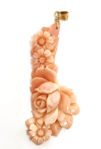 Carved Floral Angel Skin Coral 14k Gold Pendant 2.5&#39;&#39; Long - £731.52 GBP