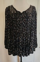 Style &amp; Co Black Floral Top Blouse Women&#39;s XL Long Sleeve Blue Pink Flowers - $14.94
