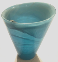 SEA GLASSBRUK Hand Painted Free Blown Blue White Abstract Slanted Vase Art Glass - £51.92 GBP