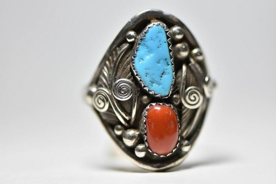 Turquoise ring Coral band sterling silver women men Size 10.75 Item image 3