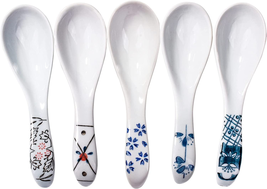 Japanese Style Soup Spoons Set of 5 Asian Ceramic Ramen Spoons - £17.01 GBP