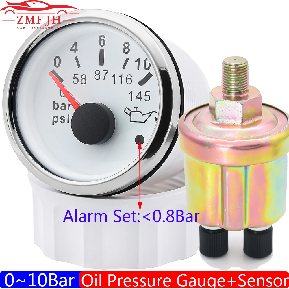 2&quot; 52mm Oil Pressure Gauge+Sensor 1/8NPT Red Light 0-5 Bar 0-10 Bar Oil Press - £27.69 GBP