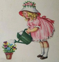 Birthday Postcard Girl Pink Dress Flowers Watering Can Stecher Series 924 A - £5.85 GBP