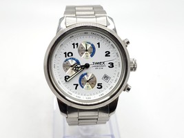Timex Chronograph Watch Mens New Battery White Date Dial Silver Tone 37mm H1 - £115.90 GBP