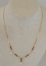 Vtg 19&quot; Seed Pearl Red Rhinestones Goldtone Chain Necklace Costume Jewelry - £7.01 GBP