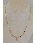 Vtg 19&quot; Seed Pearl Red Rhinestones Goldtone Chain Necklace Costume Jewelry - £7.01 GBP